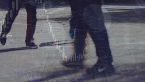 animation of financial data processing over people walking on street and electricity pylon