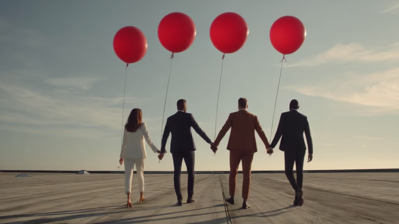 A group of four individuals walking hand in hand while holding vibrant red balloons against a serene sky, symbolizing friendship, connection, and a sense of freedom in the open landscape