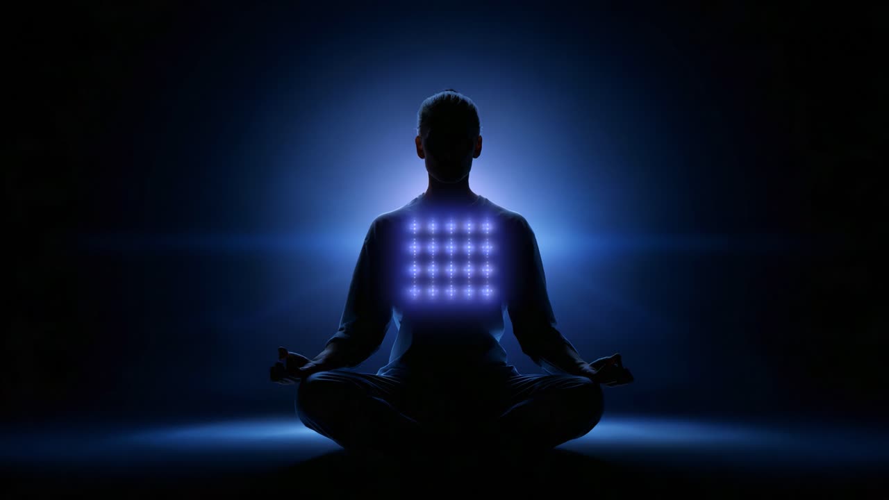 Una figura serena in meditazione, illuminata da una griglia luminosa, che incarna calma e illuminazione in un'atmosfera tranquilla e mistica