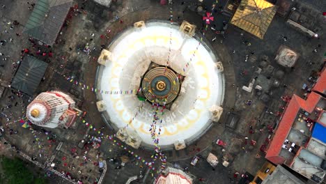 Birds-eye-view-drone-shot-famous-Buddhist-temple-and-landmark-in-Nepal