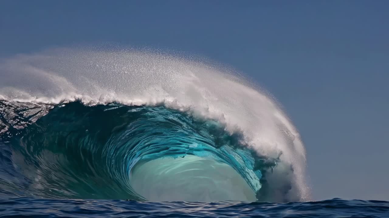 Dynamic video captures a powerful ocean wave from a low-angle perspective, highlighting its vibrant