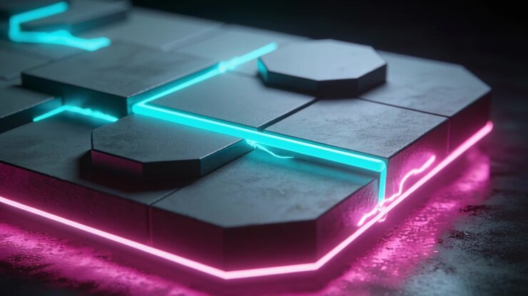 Estensione di una giuntura ciano che attiva archi elettrici attraverso piastrelle modulari in studio, creando un bagliore rosa