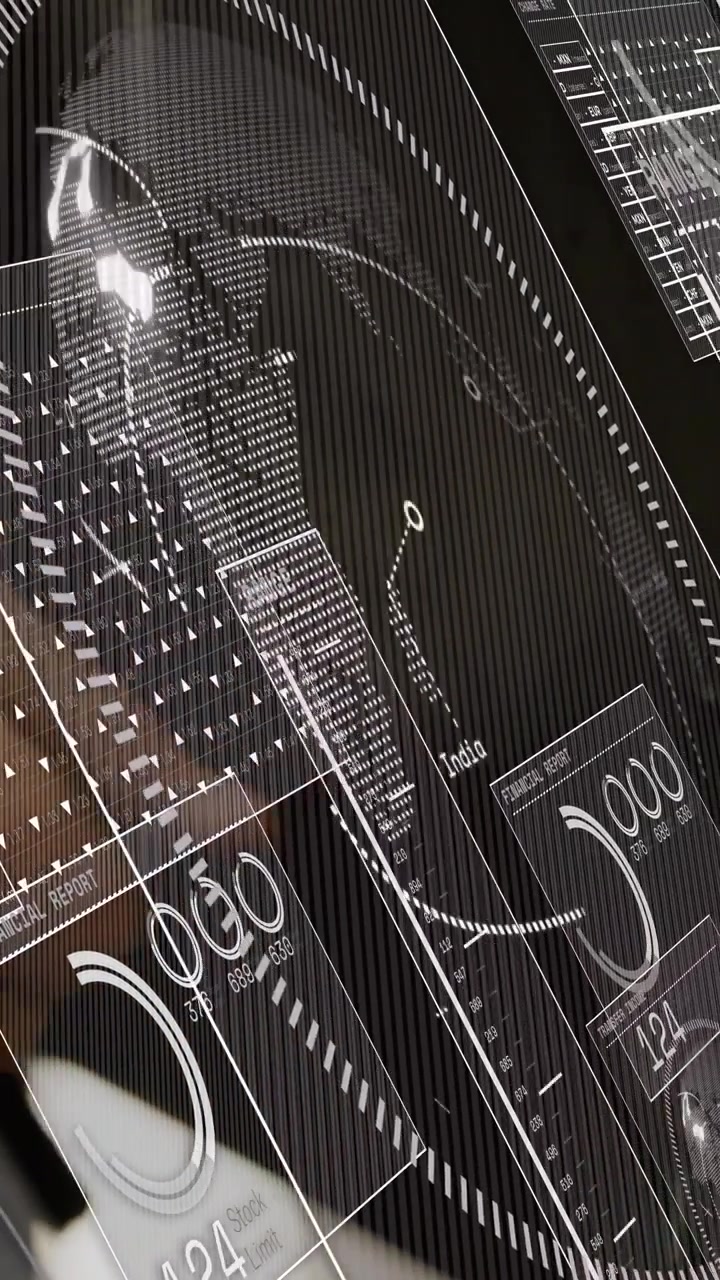 Vertical video: Male hand touching knob and rotating disc tech overlays sweeping, calibrating