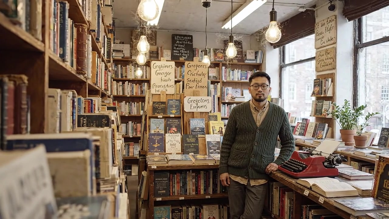 Un incontro accogliente in libreria: la riflessione di un gentiluomo tra libri d'epoca e illuminazione calda in un affascinante rifugio letterario.
