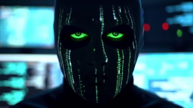 Un personaggio enigmatico, con una maschera scura e occhi verdi luminosi, circondato da schermi pieni di dati digitali, evoca un senso di mistero e temi di sicurezza informatica ad alto rischio.