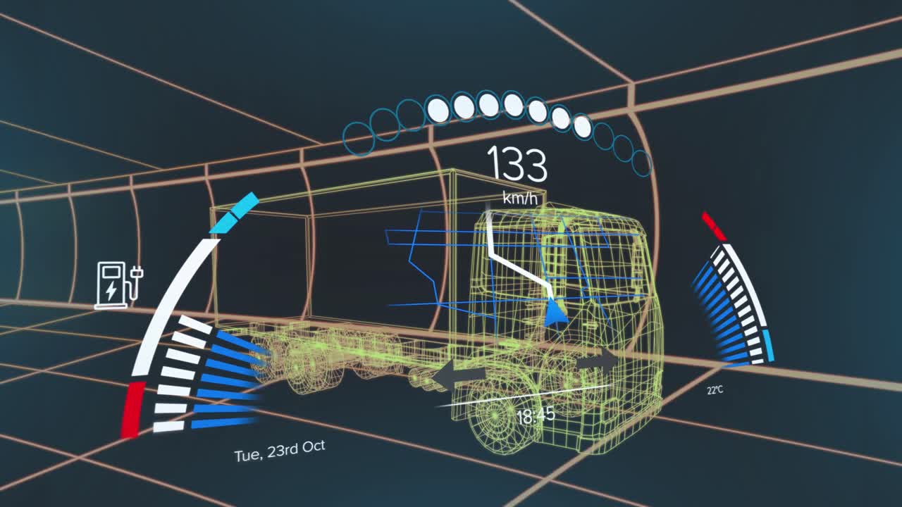 디지털 트럭 위의 자동차 패널의 애니메이션