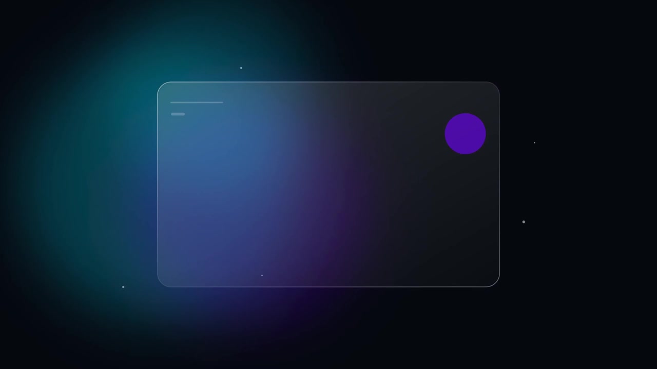 Scheda UI astratta in glassmorphism fluttuante su sfondo sfumato scuro