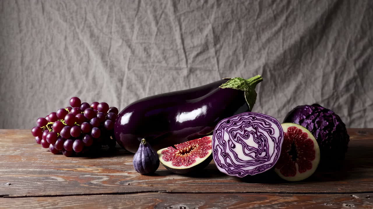 Vibrant Still Life of Purple Produce: Eggplant, Cabbage, Figs, and Grapes