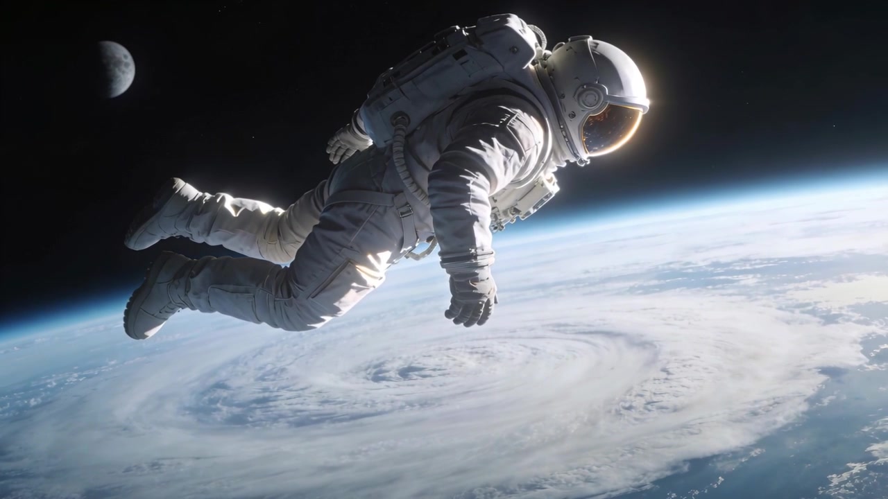 Astronaute flottant en combinaison spatiale, tournant en orbite terrestre basse, tandis qu'une caméra enregistre des images, montrant le PLSS et un cyclone.