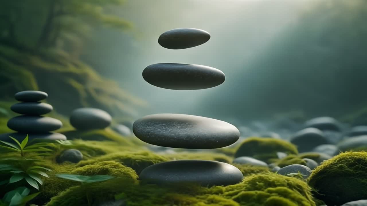 Pietre Zen levitanti in equilibrio sul muschio in una foresta serena