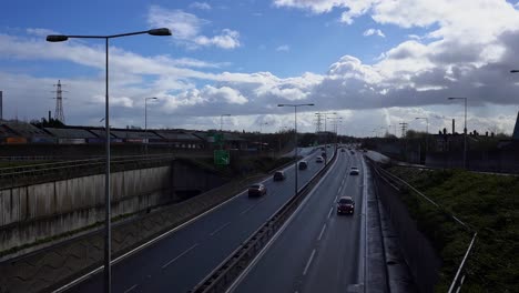 Time-lapse,-of-the-A50,-A500-dual-carriage-way,-motorway-near-the-Stoke-on-Trent-City-centre,-the-main-carriageway-in-the-midlands,-busy-commuter,-logistical-throughway-for-lorries-and-all-transport