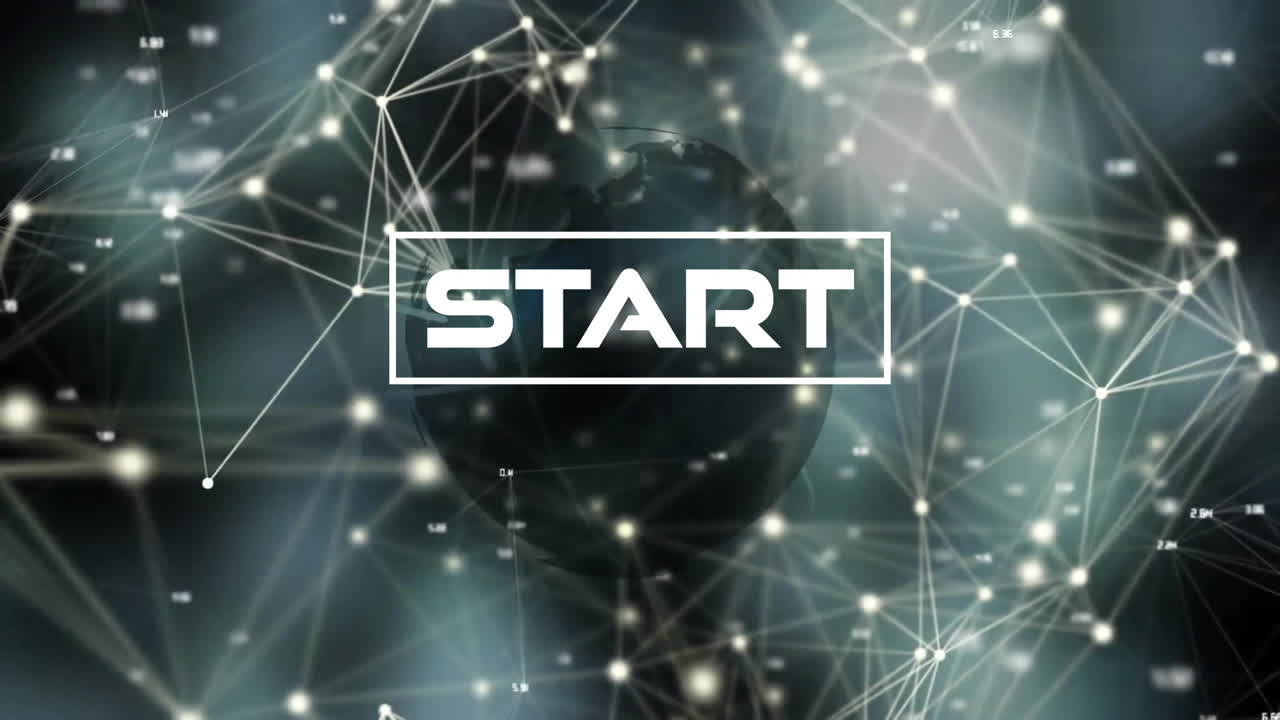 animación del procesamiento de datos a través de la red de conexiones y texto de inicio