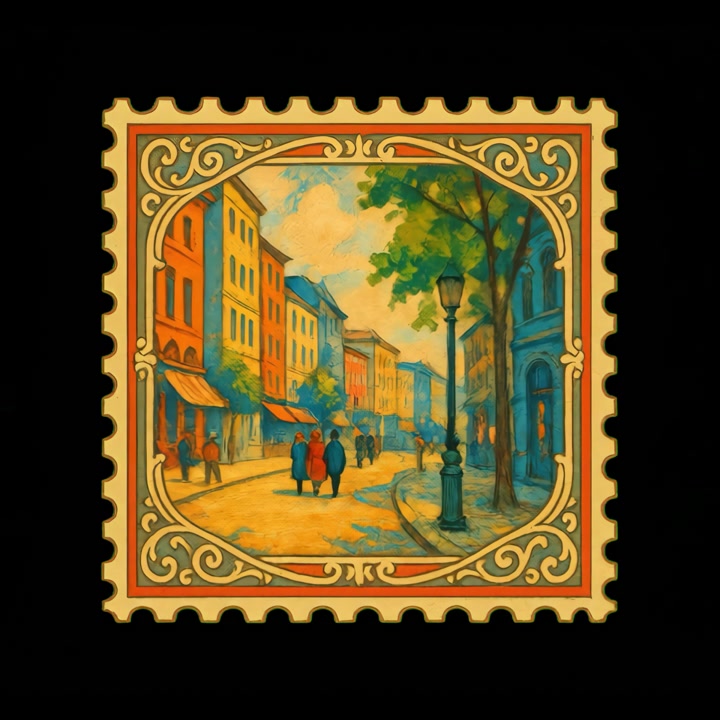 Ilustração Vintage de Selo Postal de uma Rua de Cidade Europeia