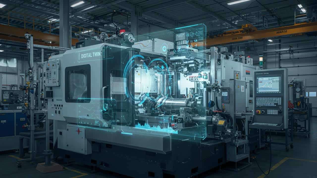 Advanced Machinery with Digital Twin Technology in Industrial Setting Showcasing the Integration of Smart Manufacturing and Automation Innovation