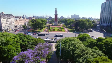 Aerial-view-Monumental-Tower-located-in-the-Retiro-neighborhood,-Plaza-Fuerza-Aerea-Argentina,-Buenos-Aires