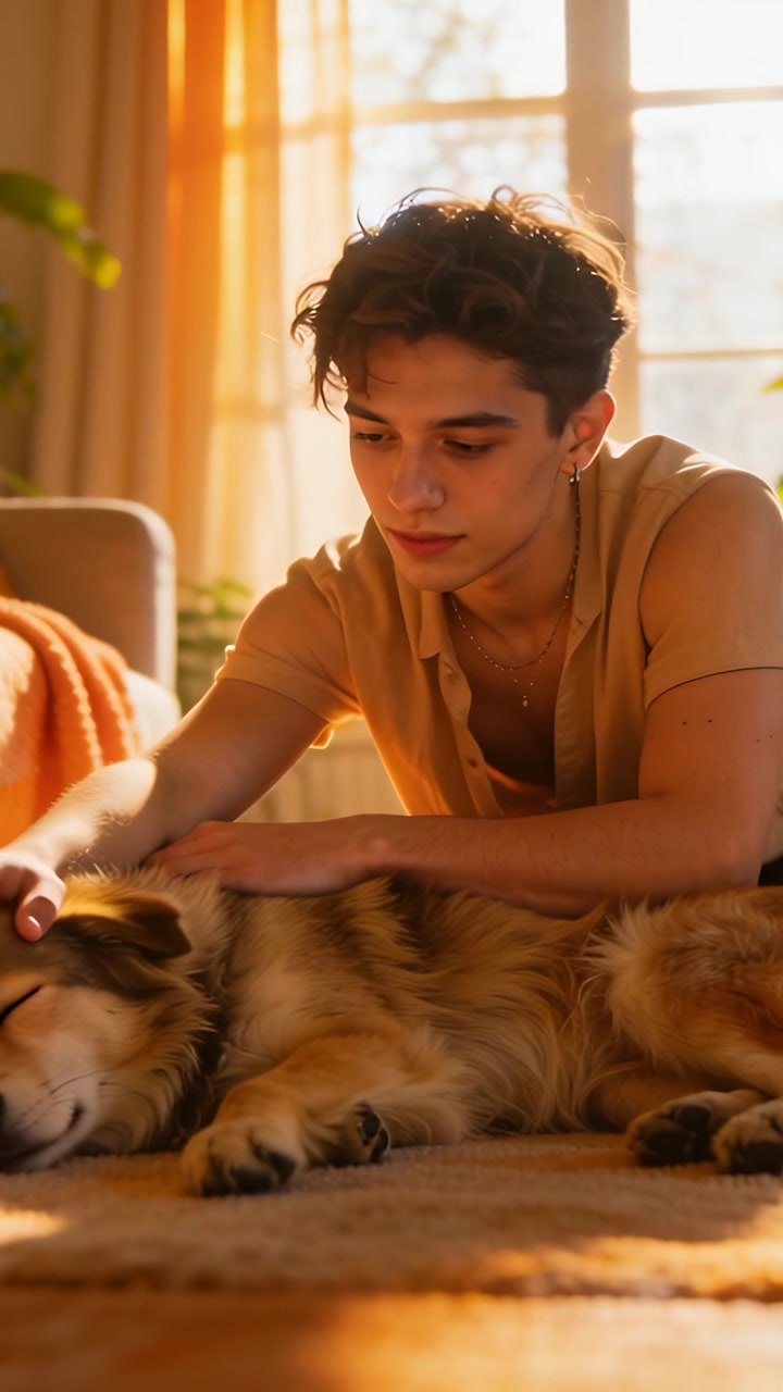 Vertical video: Placing hand, man leaning and petting dog in living room, wearing earring, calming