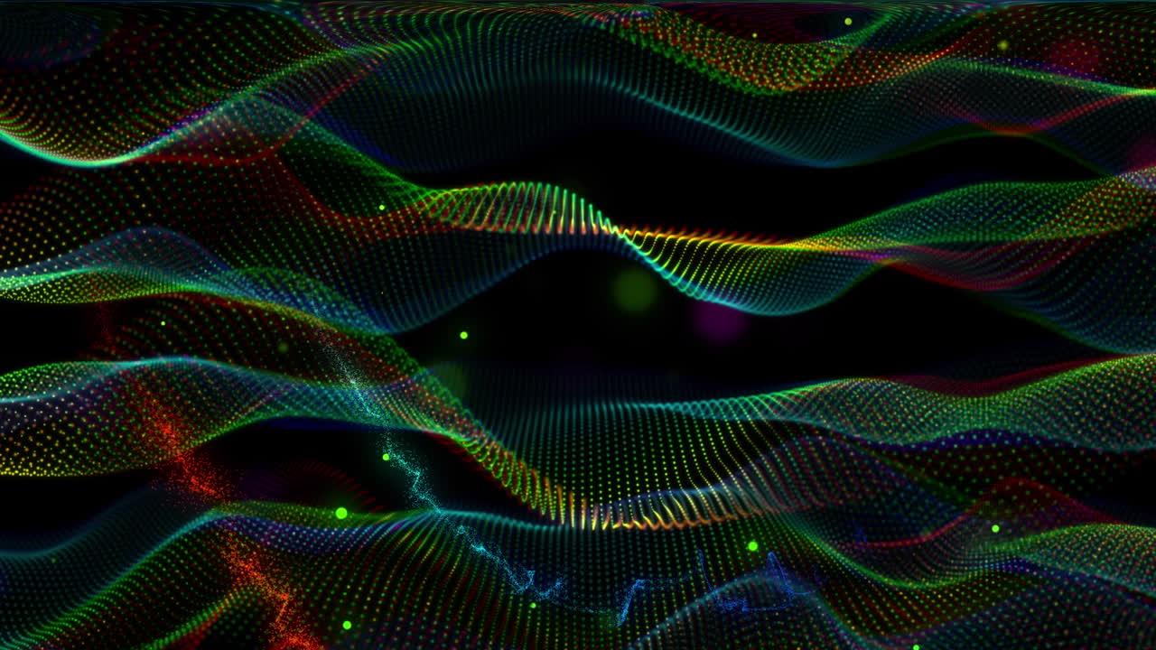 Animation of glowing multi coloured mesh light trails moving on back background