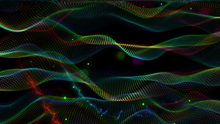 Animation of glowing multi coloured mesh light trails moving on back background