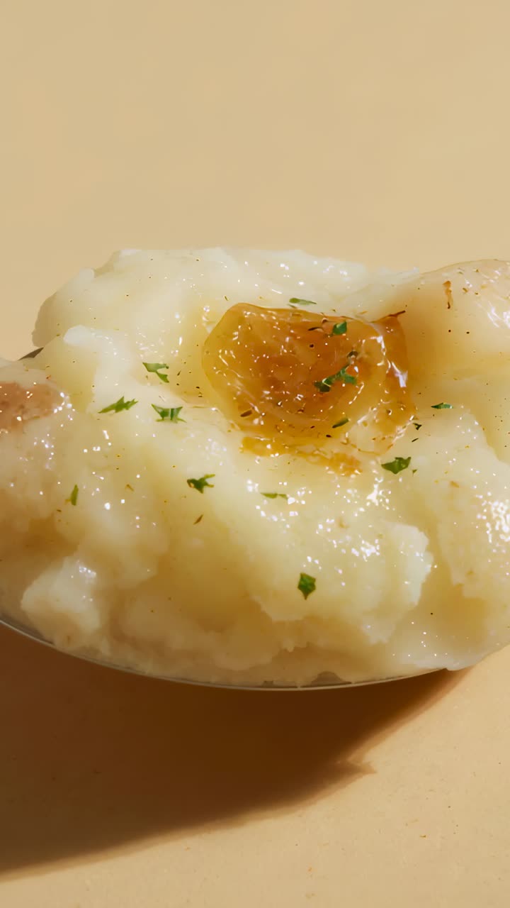 Vertical video: Showing scoop of mashed potatoes in kitchen, heat melting butter and glossing herbs