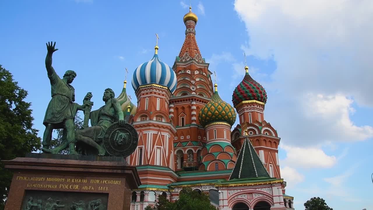 Sliding camera, daytime, Saint Basil's Cathedral appears in Red Square and Monument to Minin and Pozharsky appears in summer in Moscow