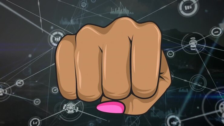 Animation of fist icon over data processing with network of connections on black background