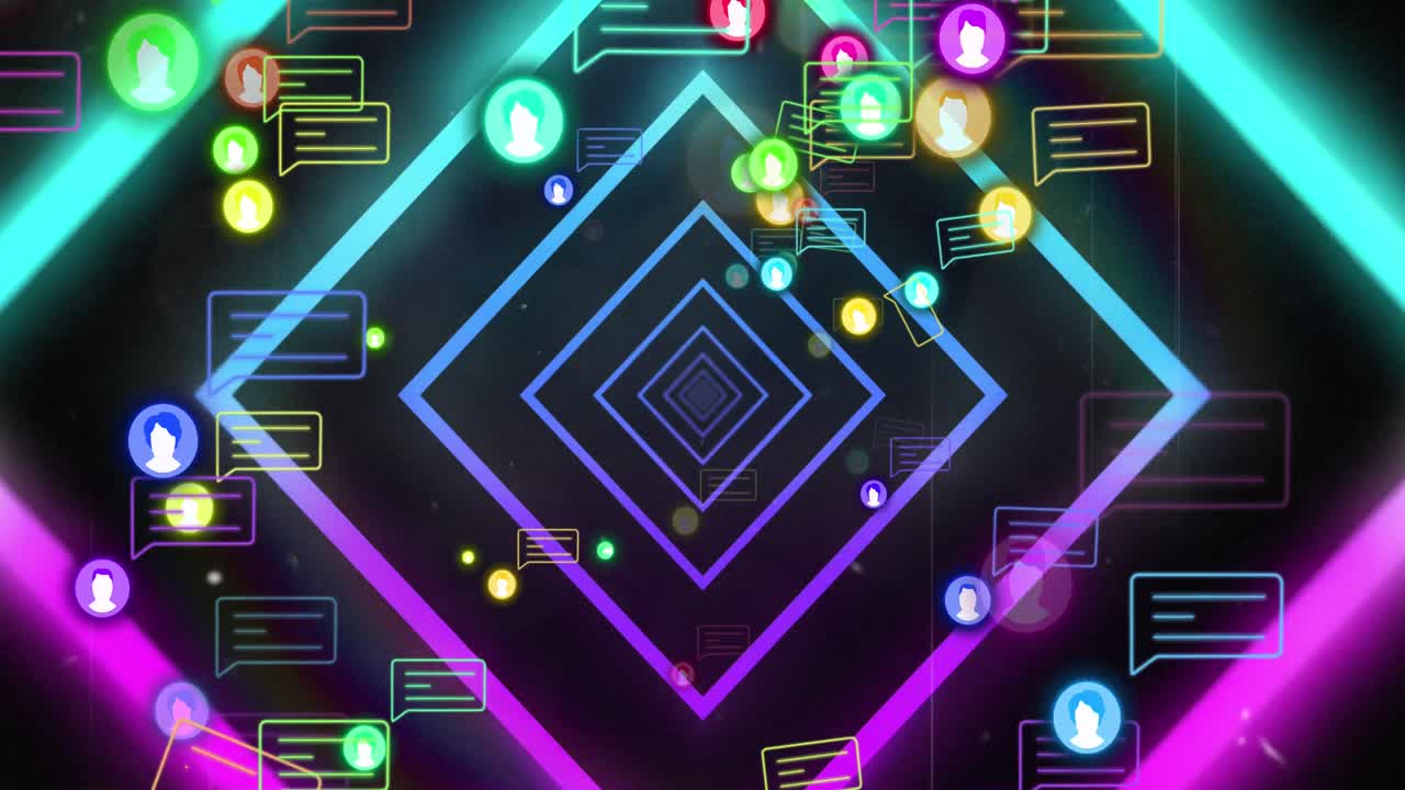 블랙 배경 위의 미디어 아이콘과 모양의 애니메이션