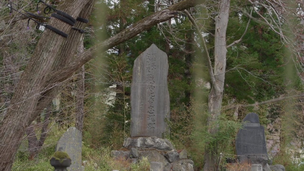 Monumento in pietra consumata dalle intemperie con kanji giapponesi intagliati tra alti cedri in Giappone
