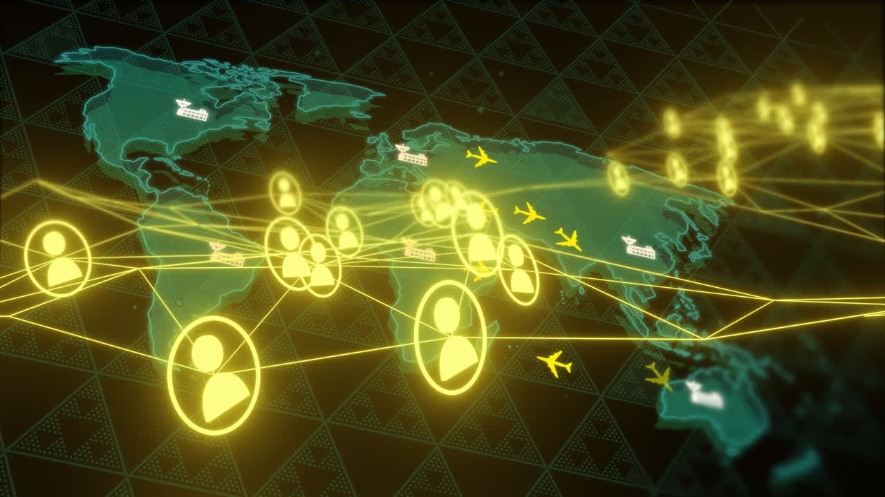 conexiones de red global y animación de transporte sobre el mapa del mundo con íconos