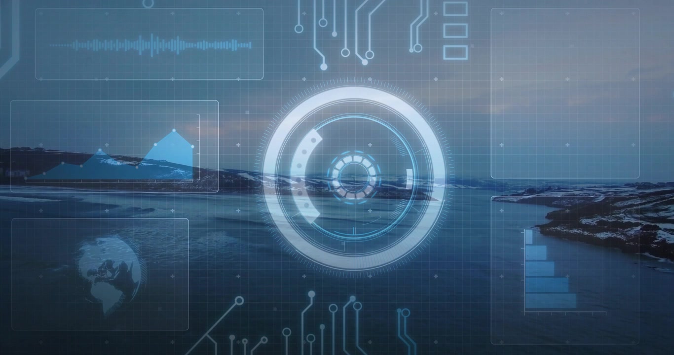 Digital animation of futuristic graphs and charts overlaying serene landscape