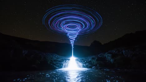 a mesmerizing light vortex spirals upward over a tranquil waterfall, creating a stunning contrast against the starry night sky, evoking wonder and awe in the observer