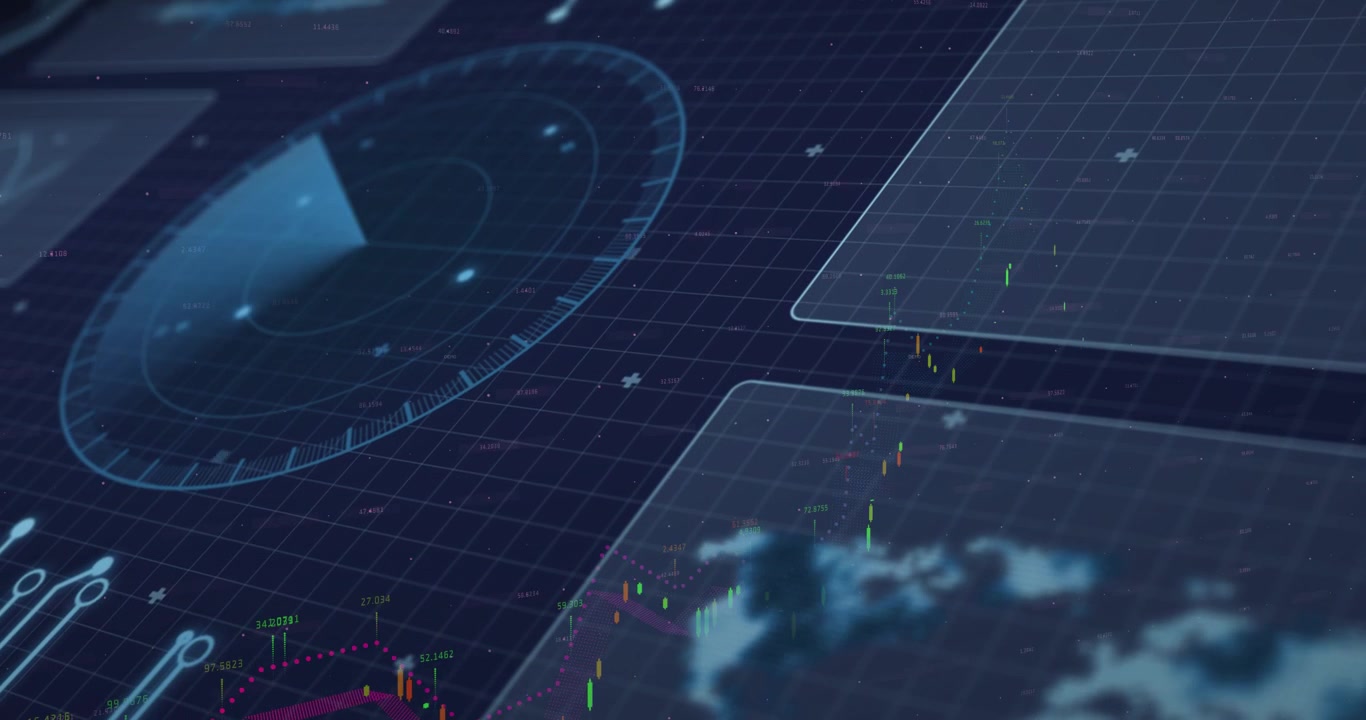 Digital HUD on scan pulse, rotating radar sweeping, candles rising and plotting live data trends