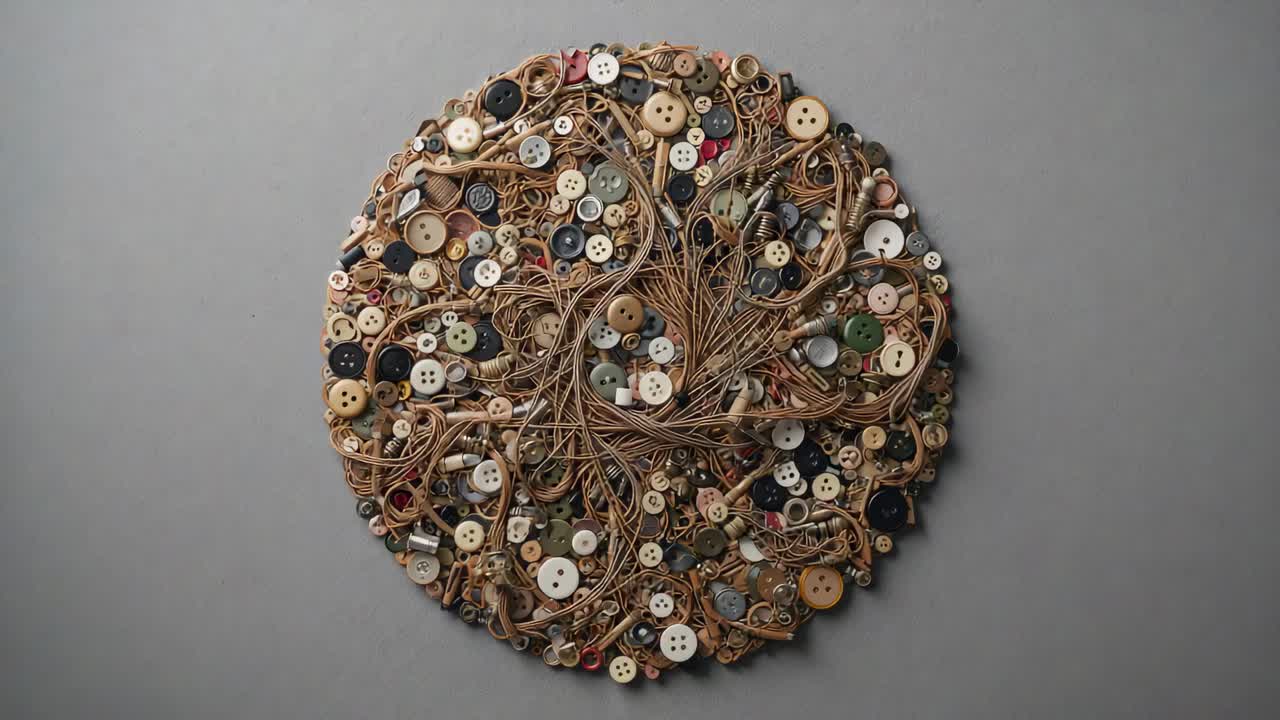 Zooming camera over circular artwork on gray table, showing buttons braided cords to reveal texture