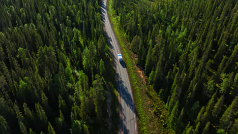 aerial view following a camper van driving on a spruce forest road, summer day