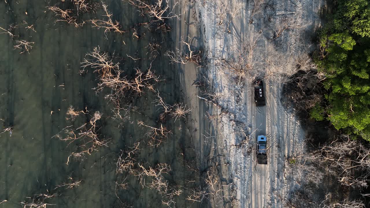 antena sobre desertificación, dunas y costa en jericoacoara jijoca, brasil arbustos secos se unen al bosque, camiones que viajan por la carretera