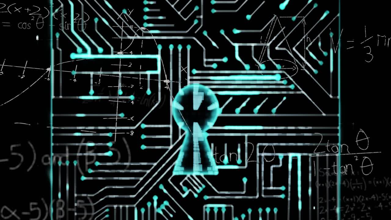 Teal square fading in over formulas, spawning grid shifting into padlock visualizing security