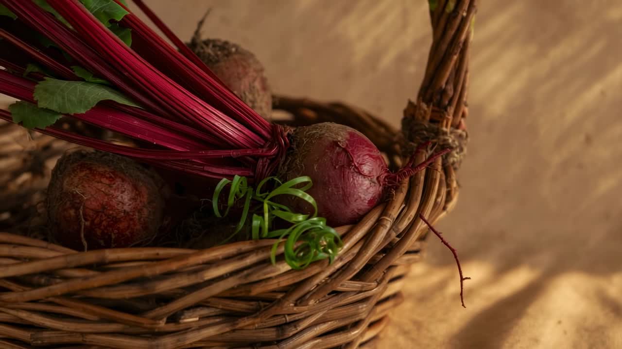 Panning camera revealing wicker basket holding red beets on tabletop, showcasing kitchen produce