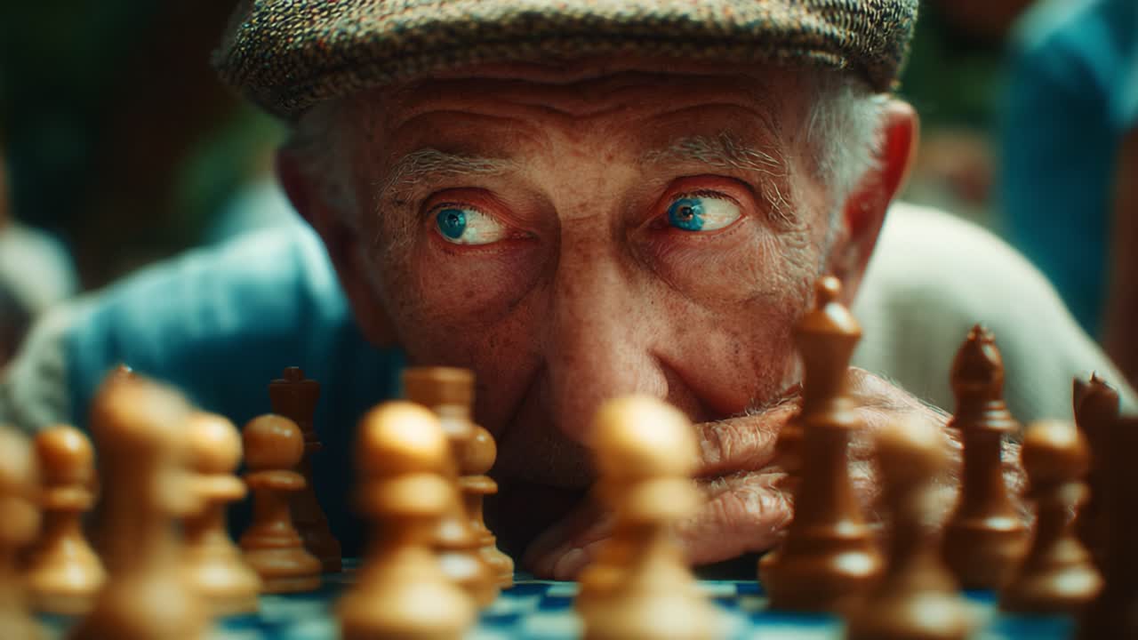 A seasoned strategist intensely contemplates his next move over a chessboard, showcasing a captivating moment of concentration and strategic thinking, framed beautifully in natural light