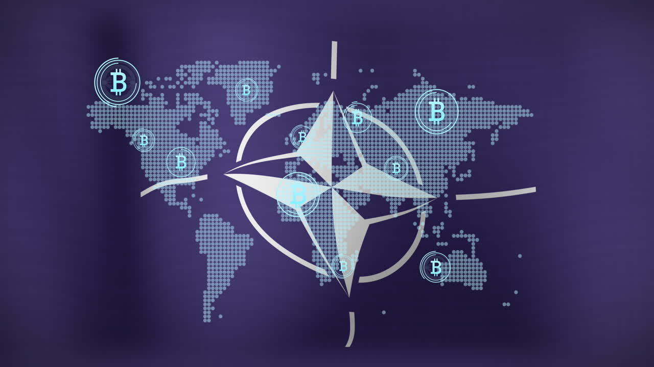 animación del símbolo de bitcoin y el mapa del mundo sobre la bandera de la otan
