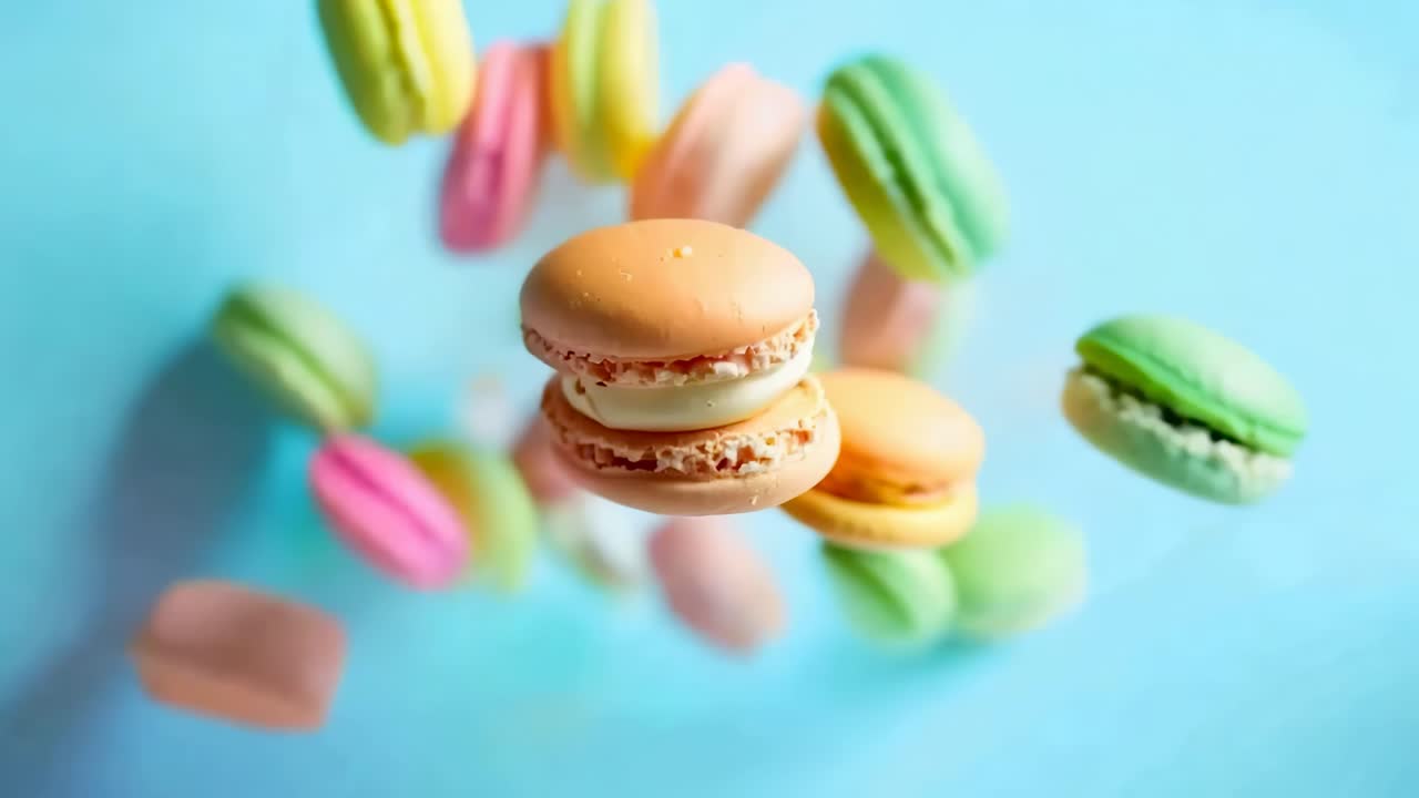 Colorful macarons captured mid-air against a blue background, using a top-down angle