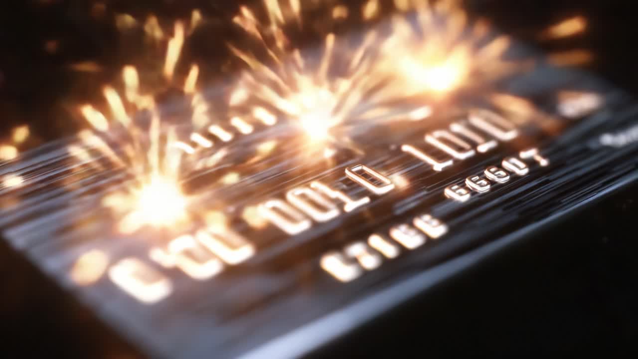 A dazzling display of sparks illuminating a credit card, showcasing a stunning blend of finance and electronic elements, drawing attention to the intricate details and dynamic lighting effects