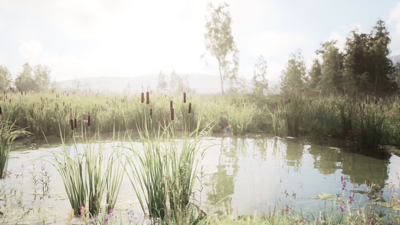 울창 한 초원 에 있는 평화로운 연못