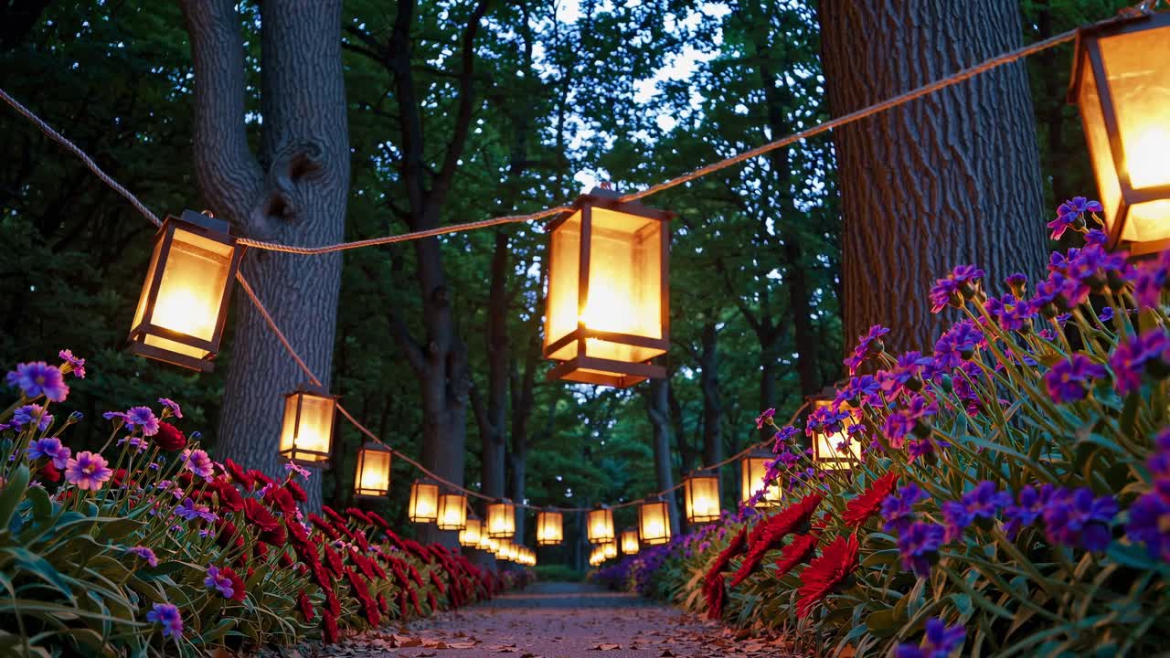 Low-angle video frame of a lantern-lit path in a forest, lined with vibrant flowers