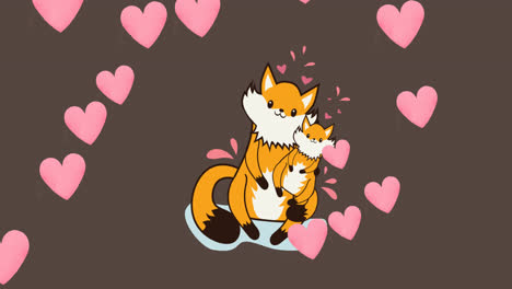 animation of fox mother and child over brown background with hearts