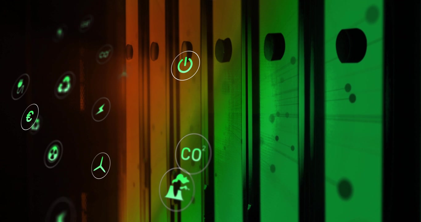 Iconos ecológicos desplazándose desde la izquierda a través de paneles degradados, intercambiándose, desvaneciéndose, resaltando la energía limpia.