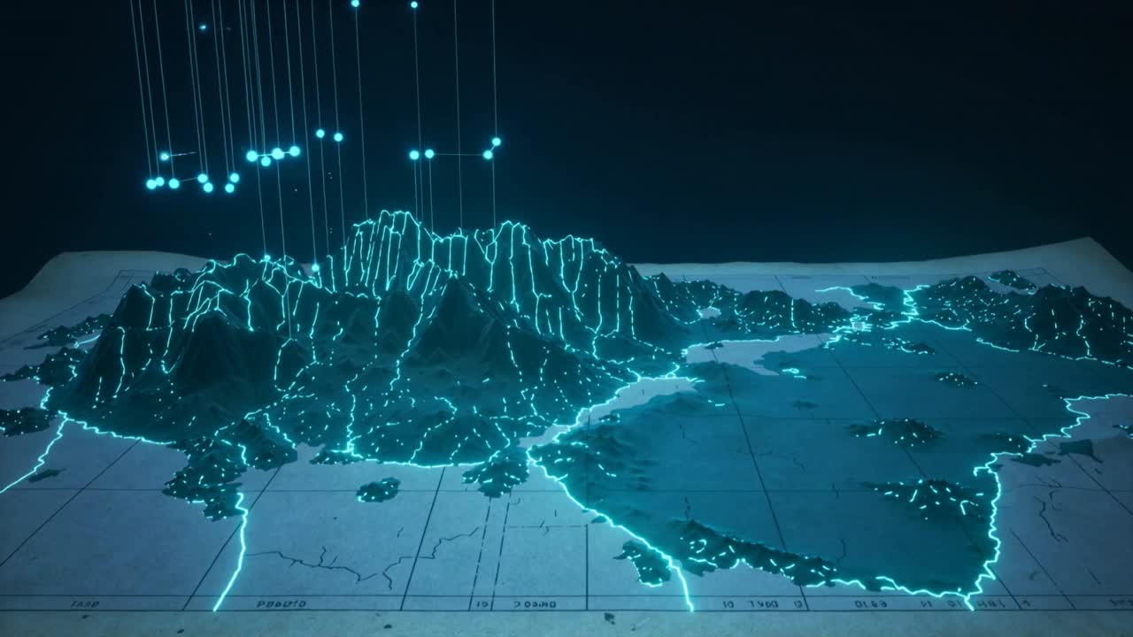 Descending cyan nodes creating 3D holo terrain on paper chart, neon ridges indicating map data