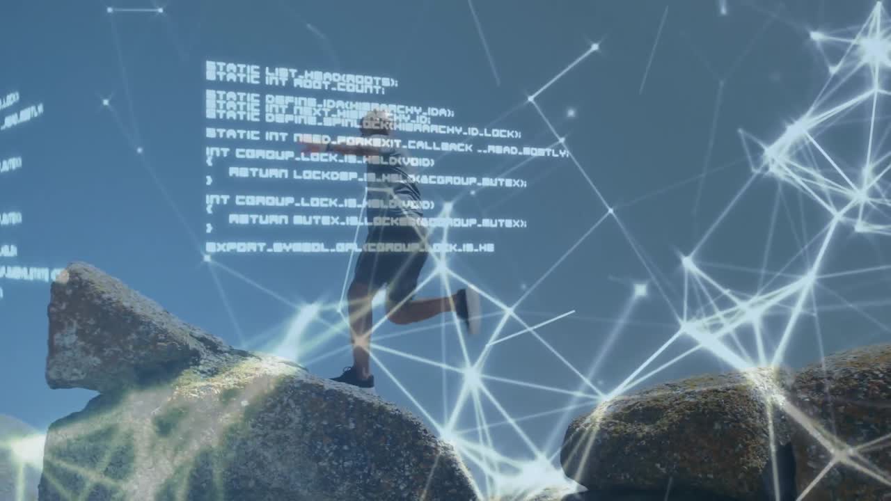 animación de la red de conexiones sobre un hombre afroamericano mayor corriendo en la playa