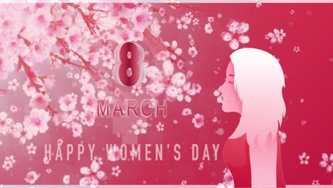 happy international women's day on march 8th design background. sweet girl watching the cherry blossoms fall. female gender symbols and happy women's day 2021 letter. 4k 3d loop animation