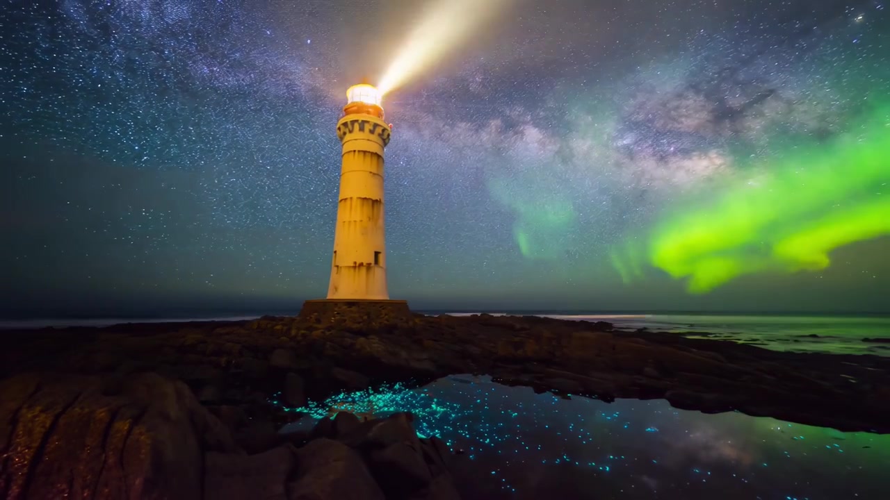 Faro che si erge su una costa rocciosa sotto la Via Lattea e l'aurora