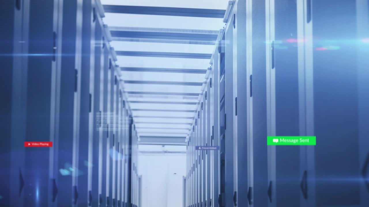 Cursor clicking play icon in server aisle activating indicator visualizing notifications drifting
