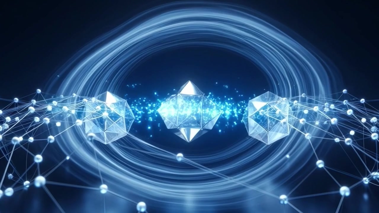抽象3D幾何形狀，附有發光數碼網絡連接